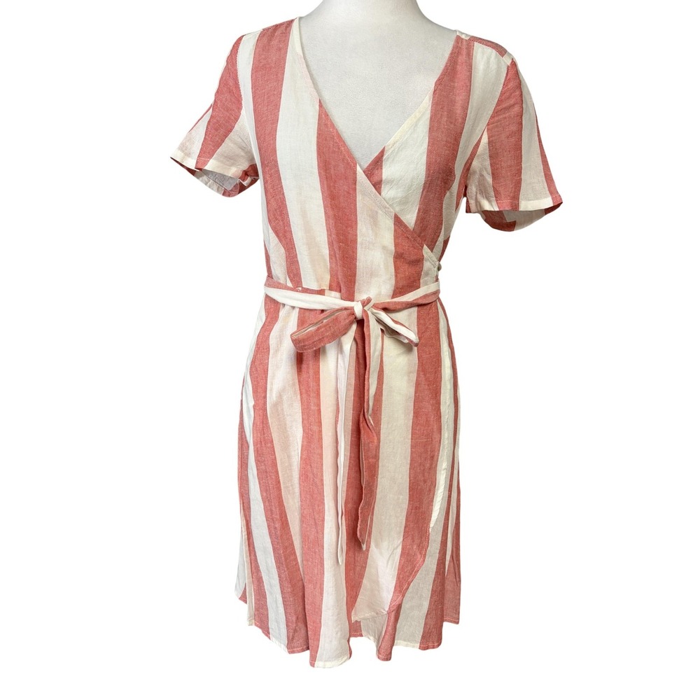 Marine Layer Wrap Dress Womens XS Red White Striped Short Sleeve Linen Blend